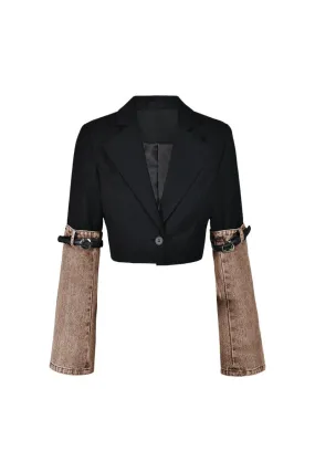 CK0510 Denim Sleeve Crop Blazer