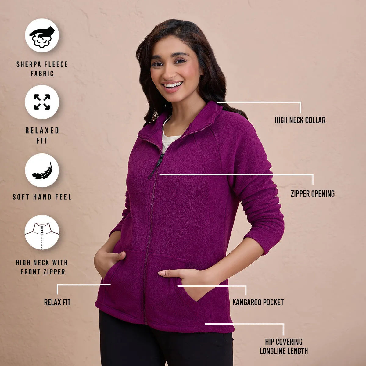 Cozy Sherpa Jacket with Zippered Front-NYLE701-Wine