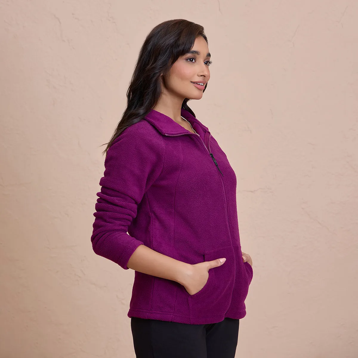 Cozy Sherpa Jacket with Zippered Front-NYLE701-Wine