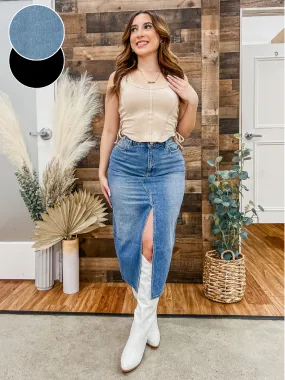 Dakota Denim Midi Slit Skirt