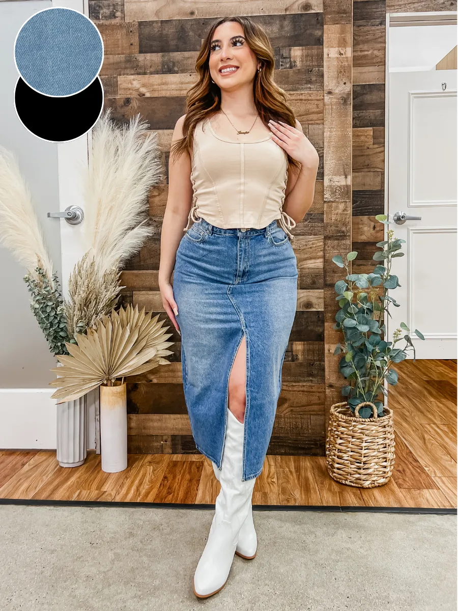 Dakota Denim Midi Slit Skirt