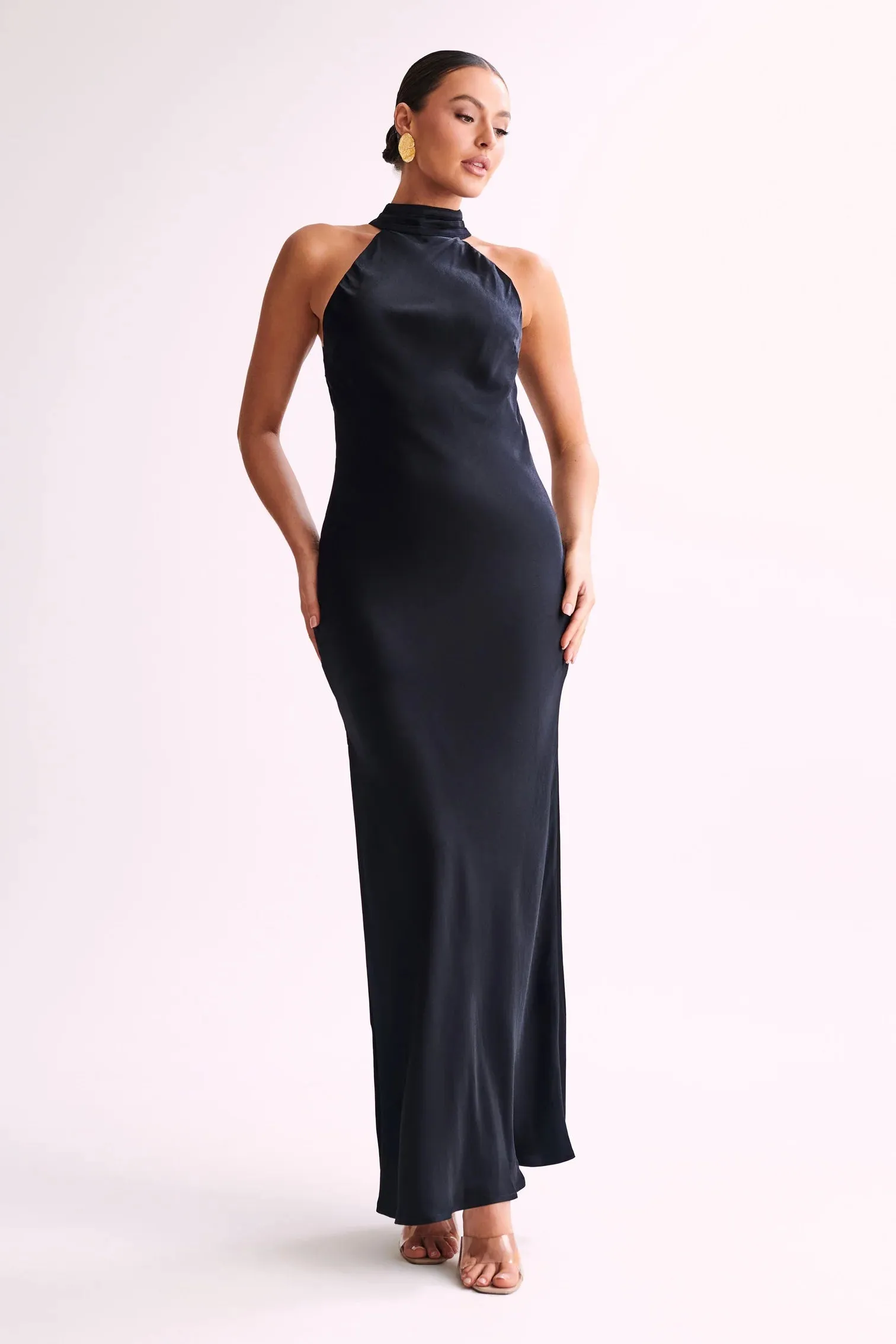 Dappled Dream Cut-Out Halter Neck Black Maxi Dress