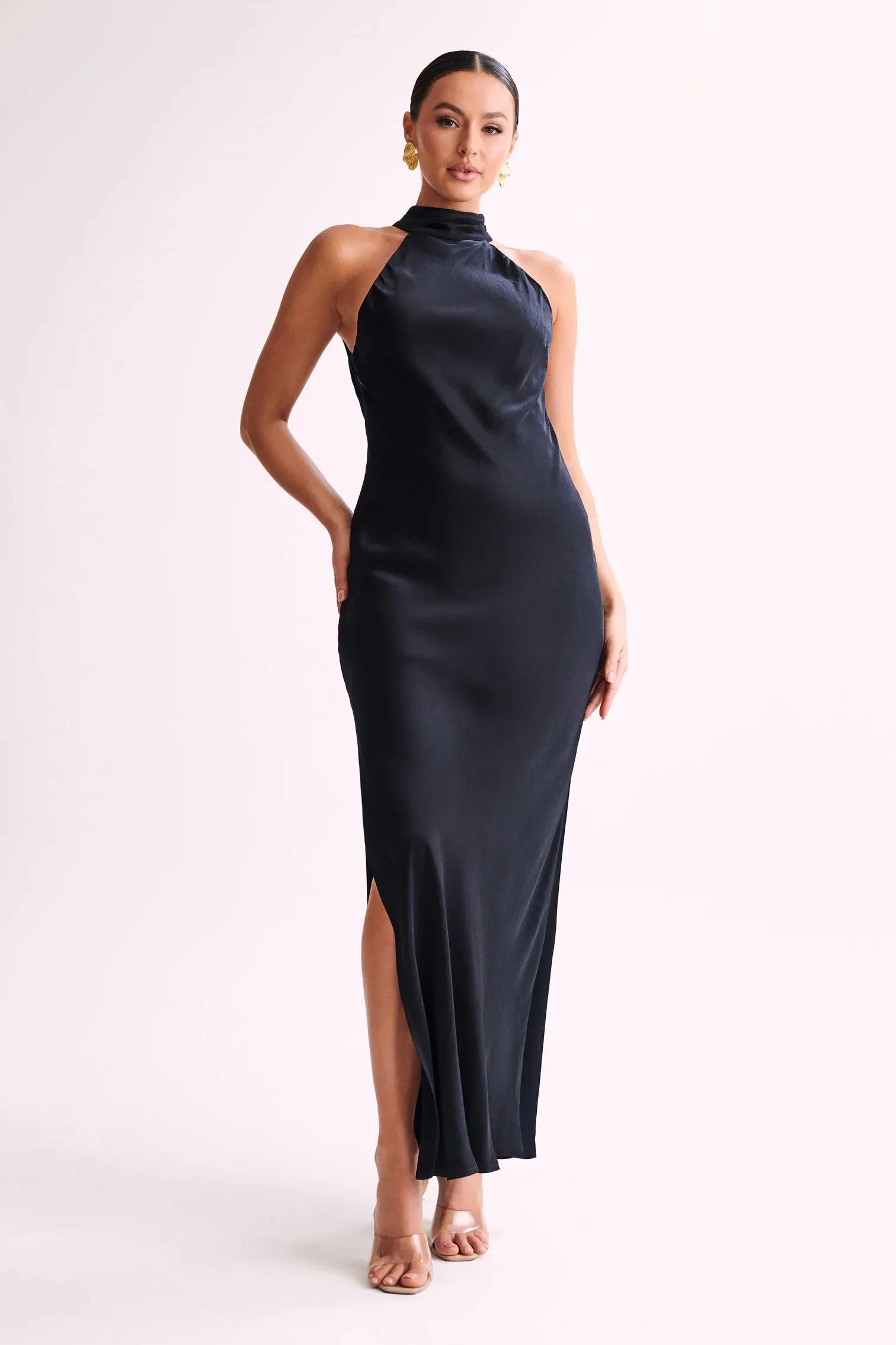 Dappled Dream Cut-Out Halter Neck Black Maxi Dress