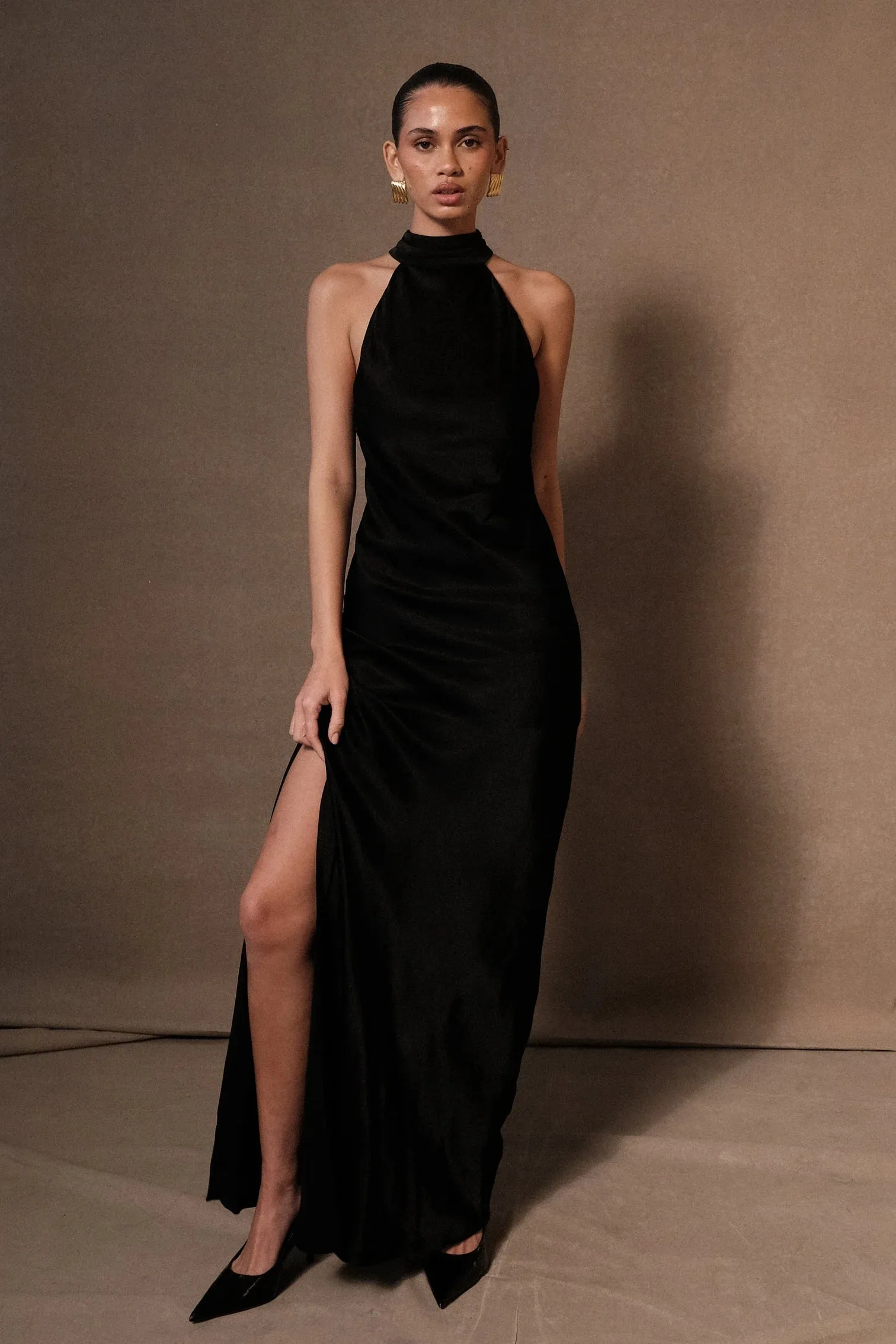 Dappled Dream Cut-Out Halter Neck Black Maxi Dress
