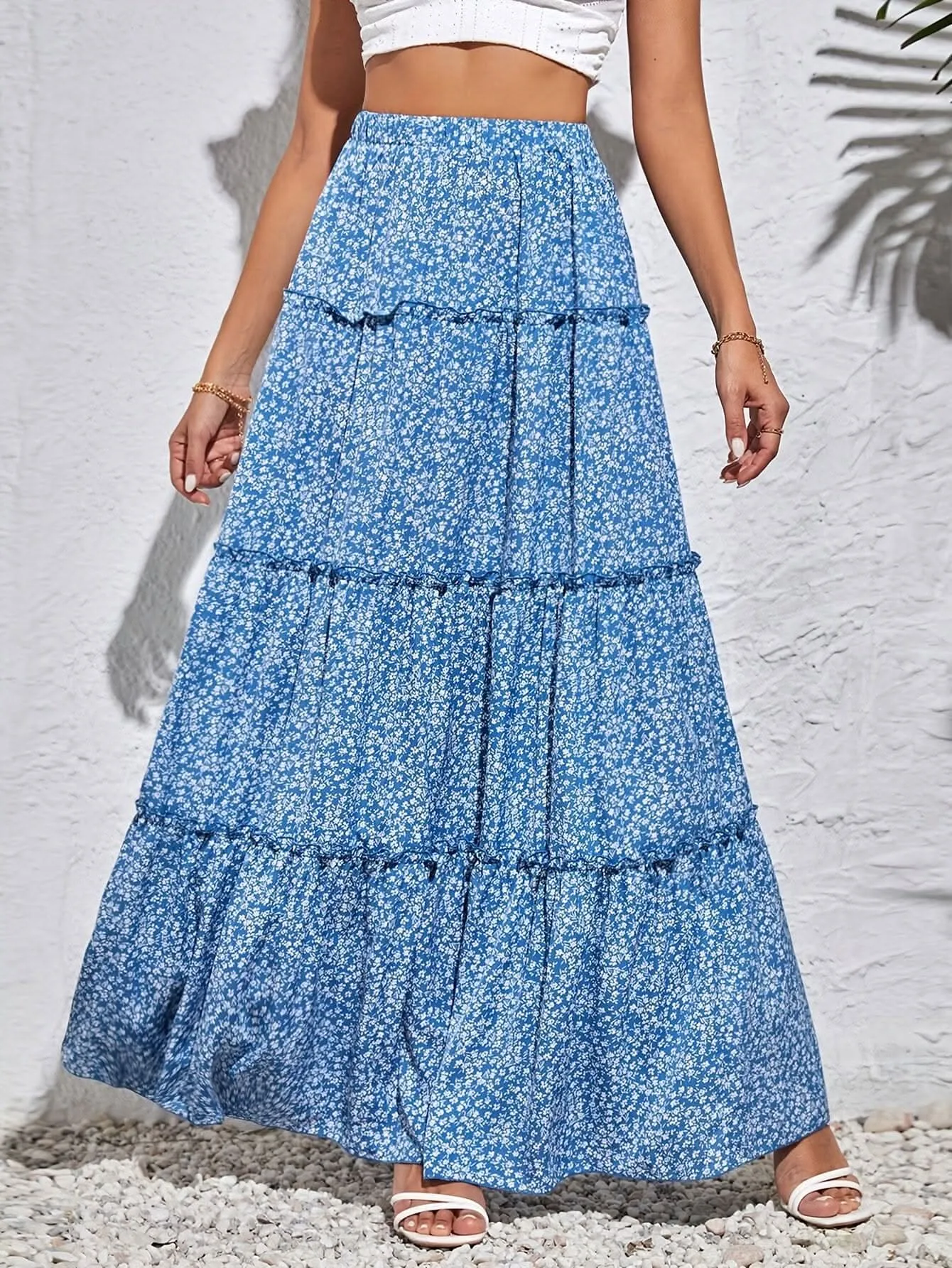 Elegant High Waist Ditsy Floral Tiered Maxi Skirt- By Lustmia