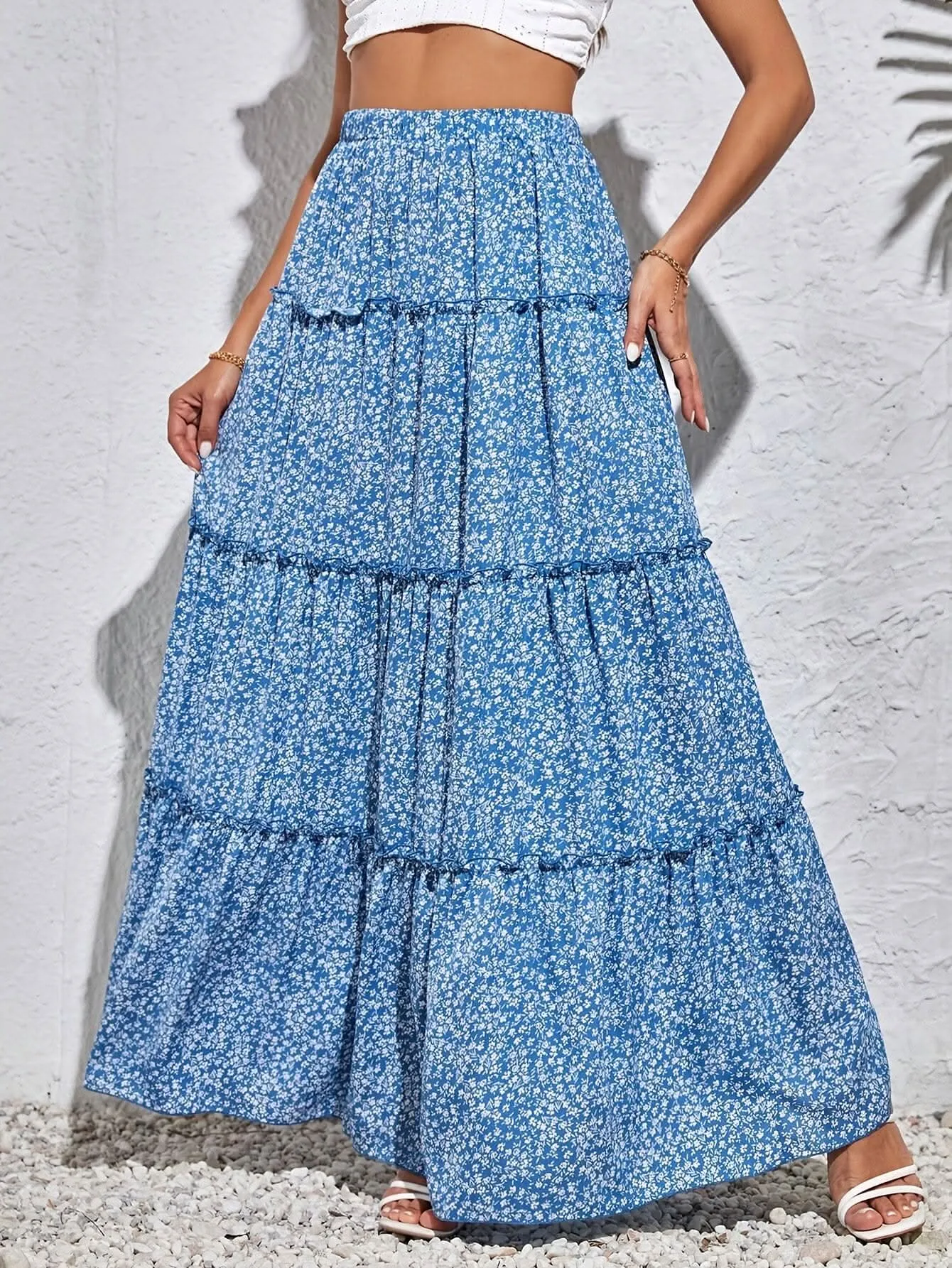 Elegant High Waist Ditsy Floral Tiered Maxi Skirt- By Lustmia