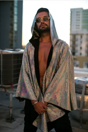 Festival Clothing Men's Kimono Disco Holographic Sequin Mirror Hooded Cardigan Blazer Disco Costume