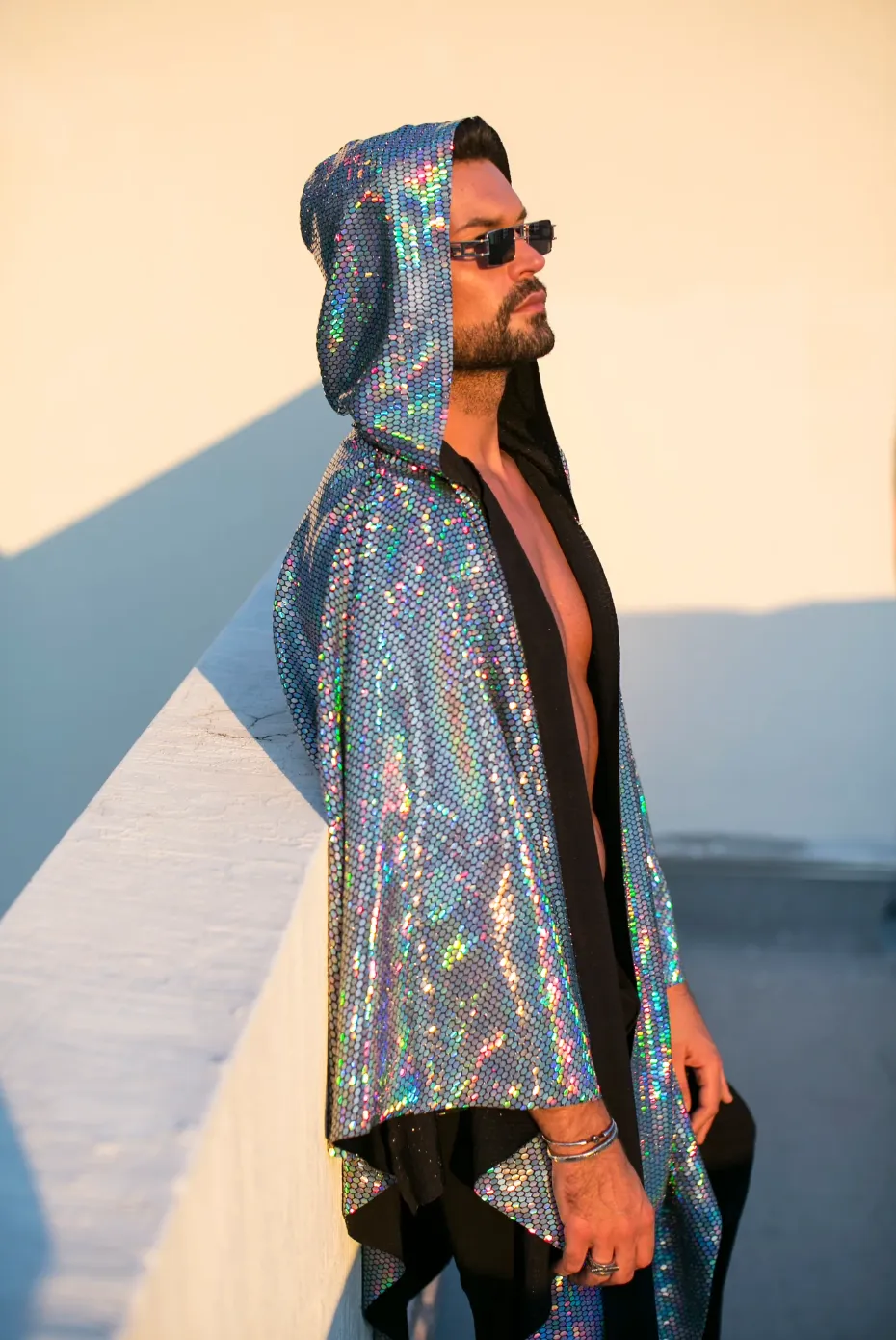 Festival Clothing Men's Kimono Disco Holographic Sequin Mirror Hooded Cardigan Blazer Disco Costume