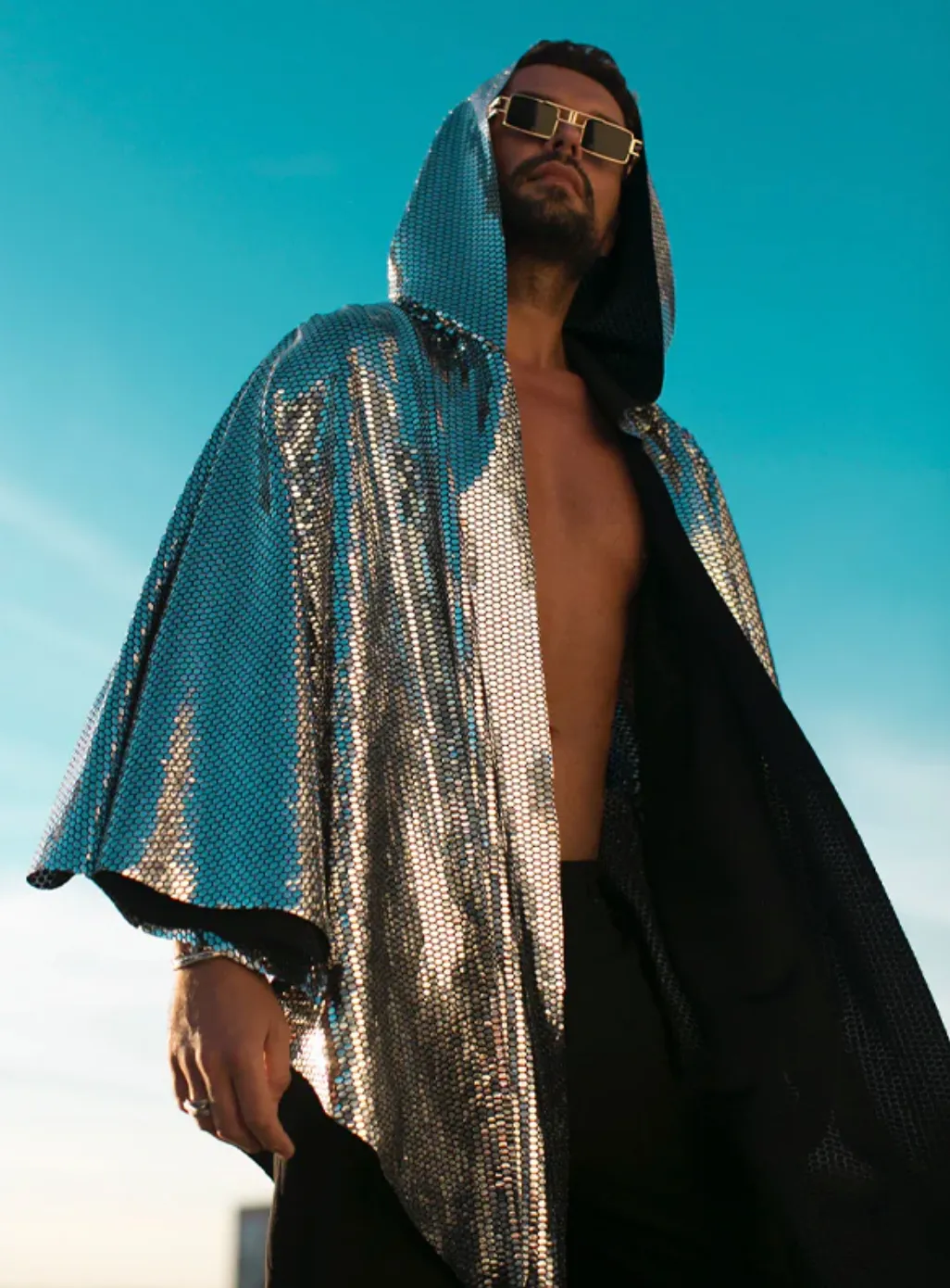 Festival Clothing Men's Kimono Disco Holographic Sequin Mirror Hooded Cardigan Blazer Disco Costume