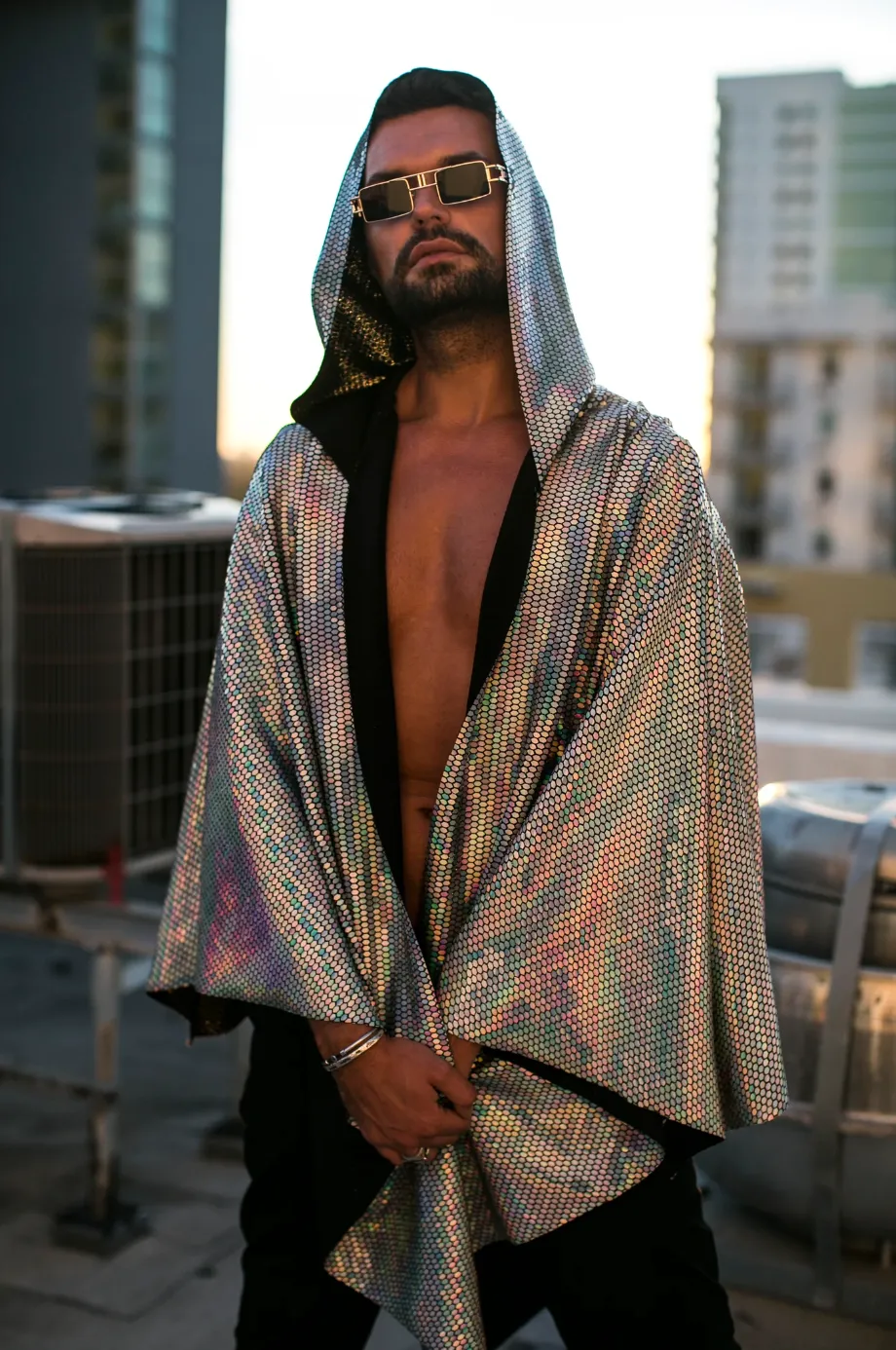 Festival Clothing Men's Kimono Disco Holographic Sequin Mirror Hooded Cardigan Blazer Disco Costume