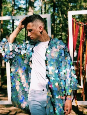 Festival Clothing Men's Kimono Holographic Sequin Jacket Mirror Blazer Disco Costume
