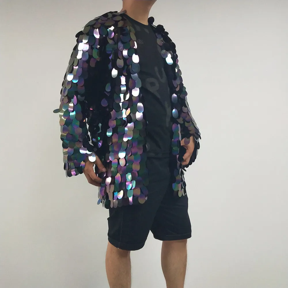 Festival Clothing Men's Kimono Holographic Sequin Jacket Mirror Blazer Disco Costume