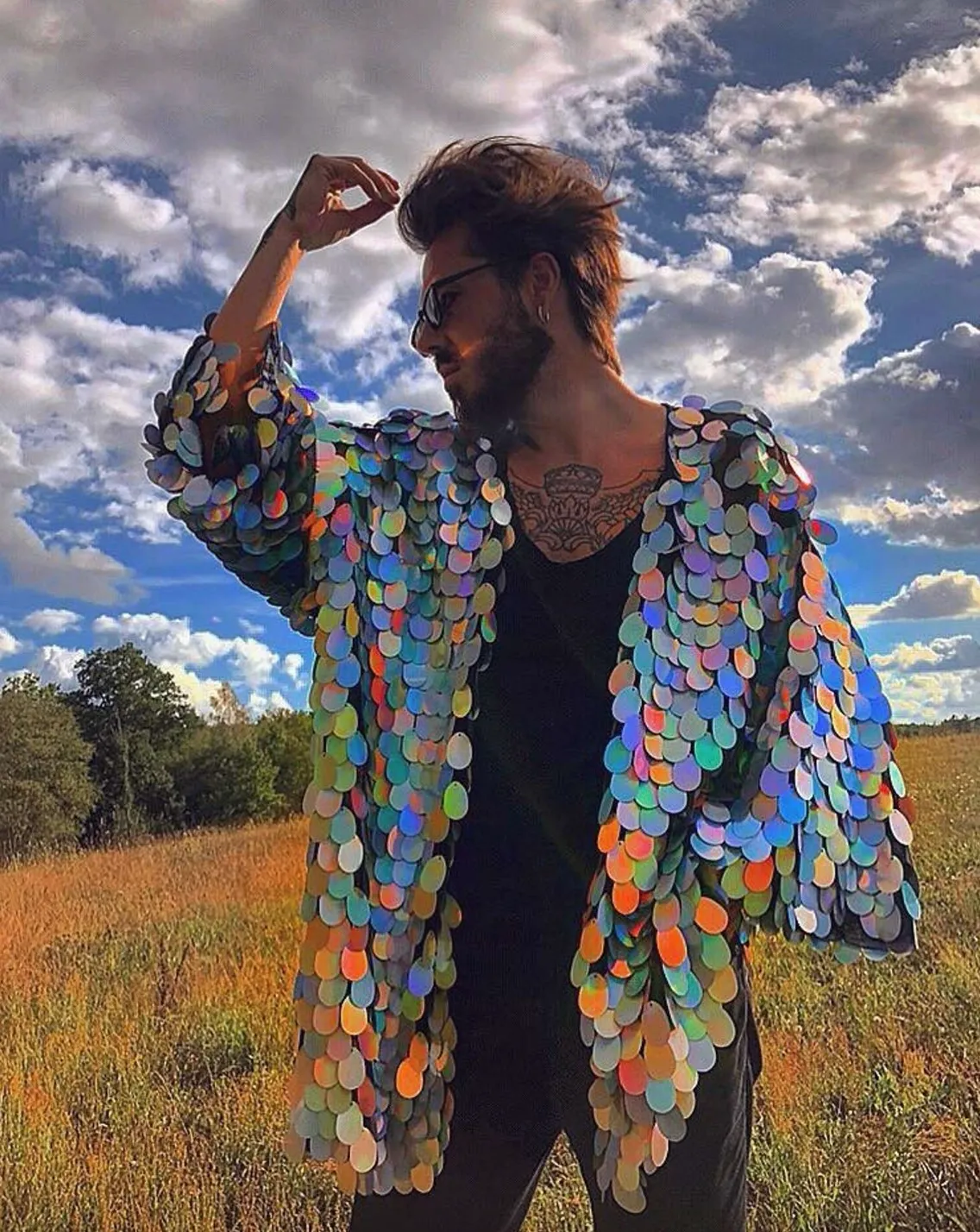 Festival Clothing Men's Kimono Holographic Sequin Jacket Mirror Blazer Disco Costume