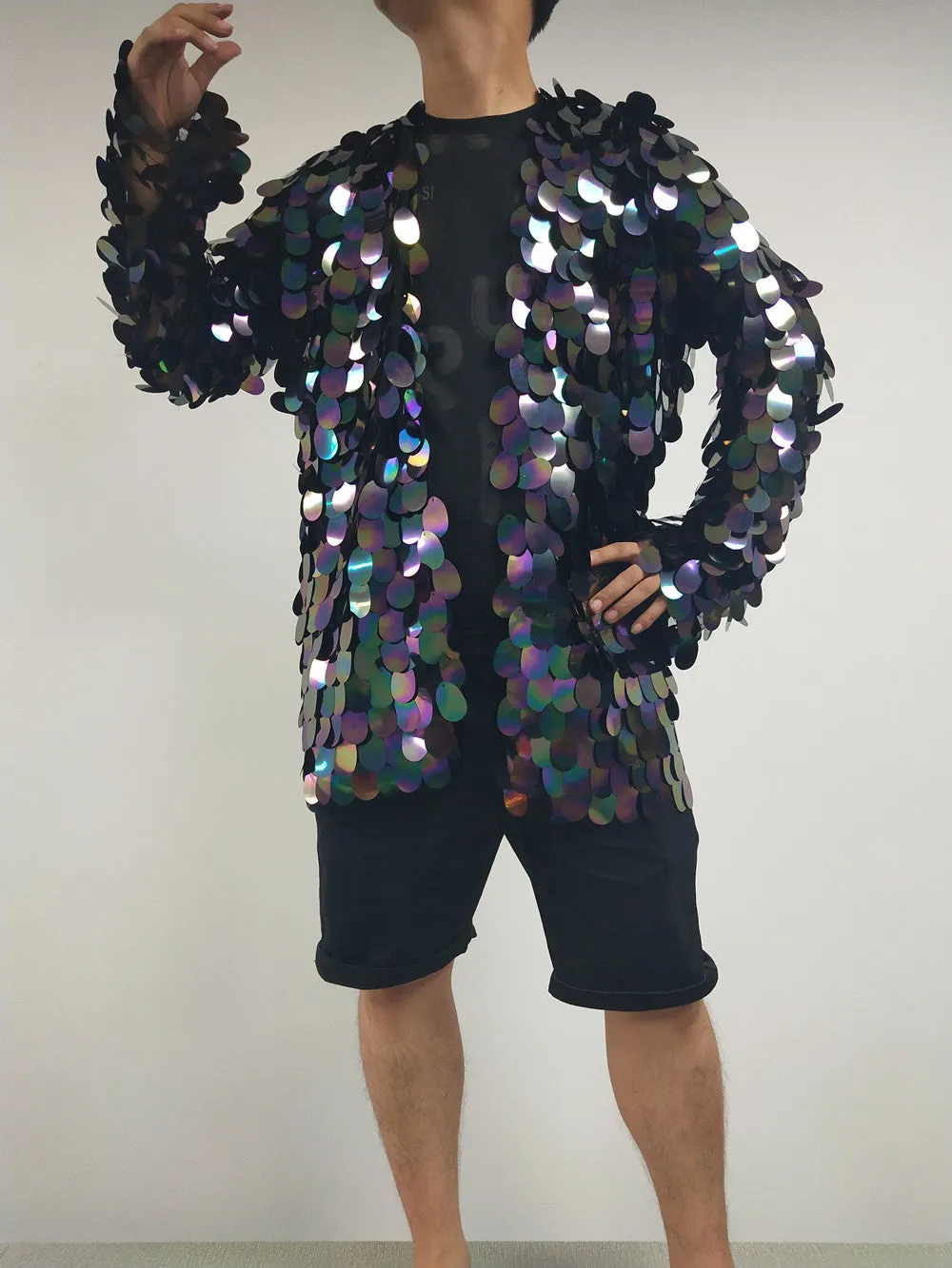 Festival Clothing Men's Kimono Holographic Sequin Jacket Mirror Blazer Disco Costume
