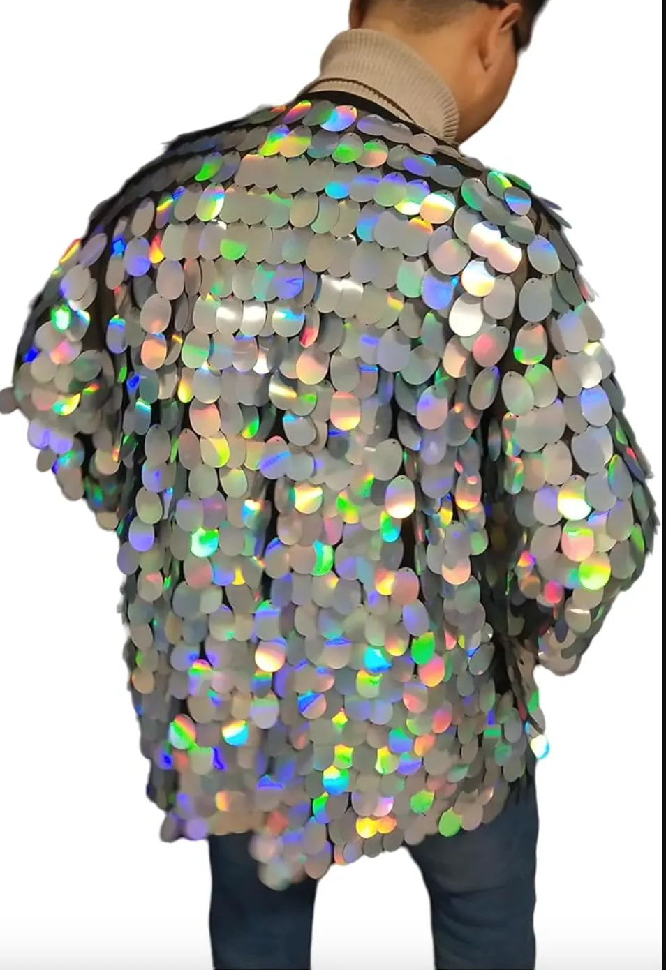 Festival Clothing Men's Kimono Holographic Sequin Jacket Mirror Blazer Disco Costume