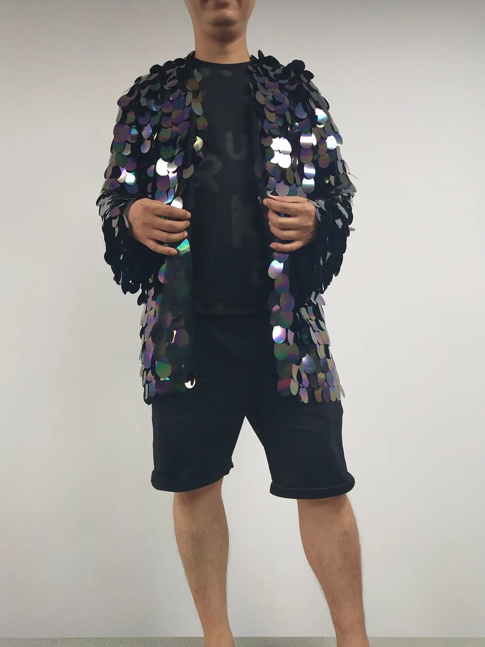 Festival Clothing Men's Kimono Holographic Sequin Jacket Mirror Blazer Disco Costume