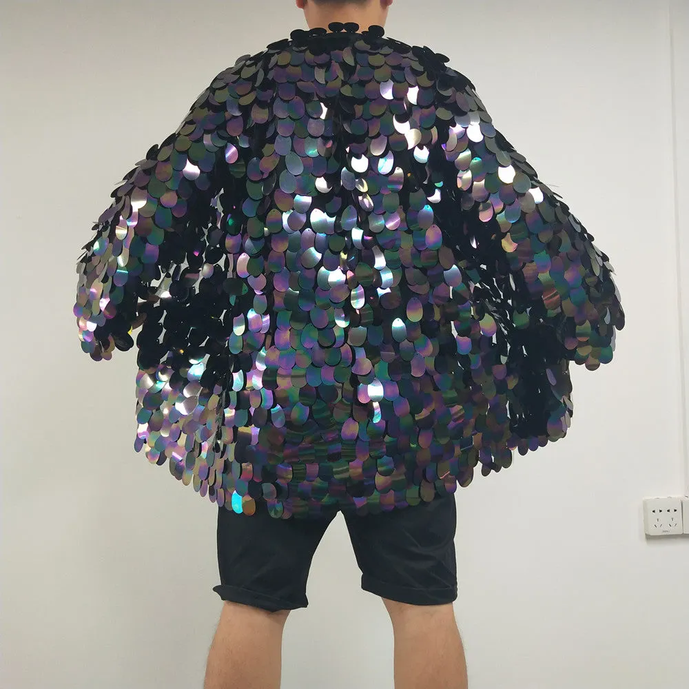 Festival Clothing Men's Kimono Holographic Sequin Jacket Mirror Blazer Disco Costume