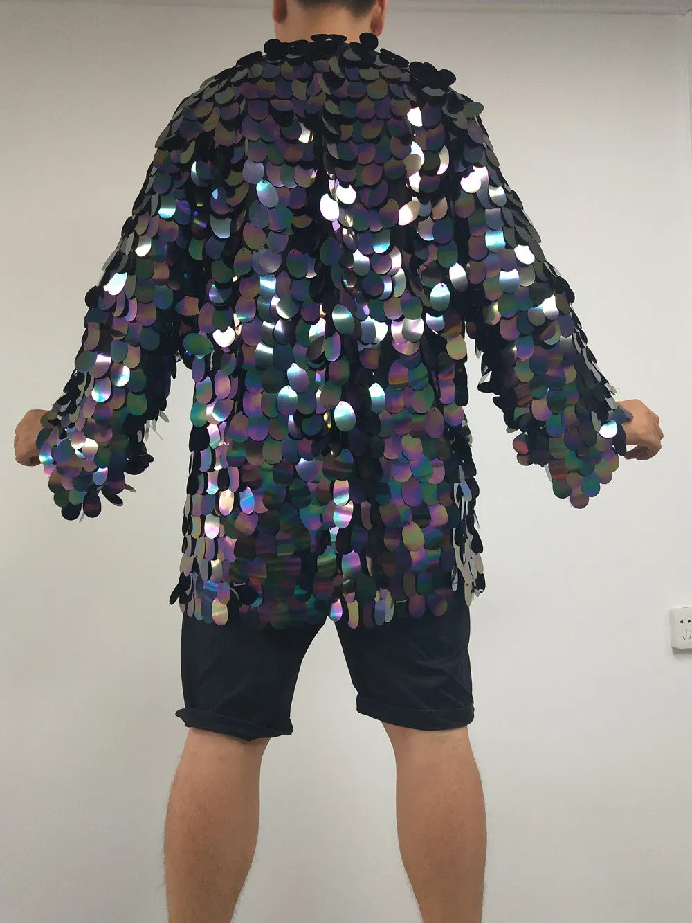 Festival Clothing Men's Kimono Holographic Sequin Jacket Mirror Blazer Disco Costume