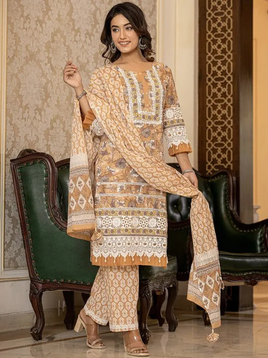 Floral Printed Regular Pure Cotton Kurta with Trousers & With Dupatta