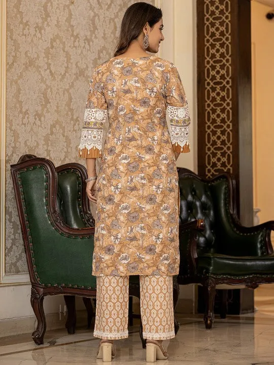 Floral Printed Regular Pure Cotton Kurta with Trousers & With Dupatta