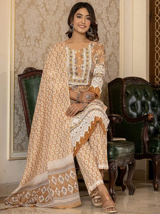 Floral Printed Regular Pure Cotton Kurta with Trousers & With Dupatta