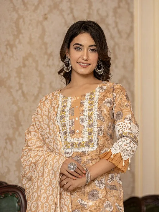 Floral Printed Regular Pure Cotton Kurta with Trousers & With Dupatta
