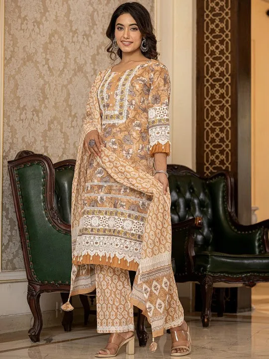 Floral Printed Regular Pure Cotton Kurta with Trousers & With Dupatta