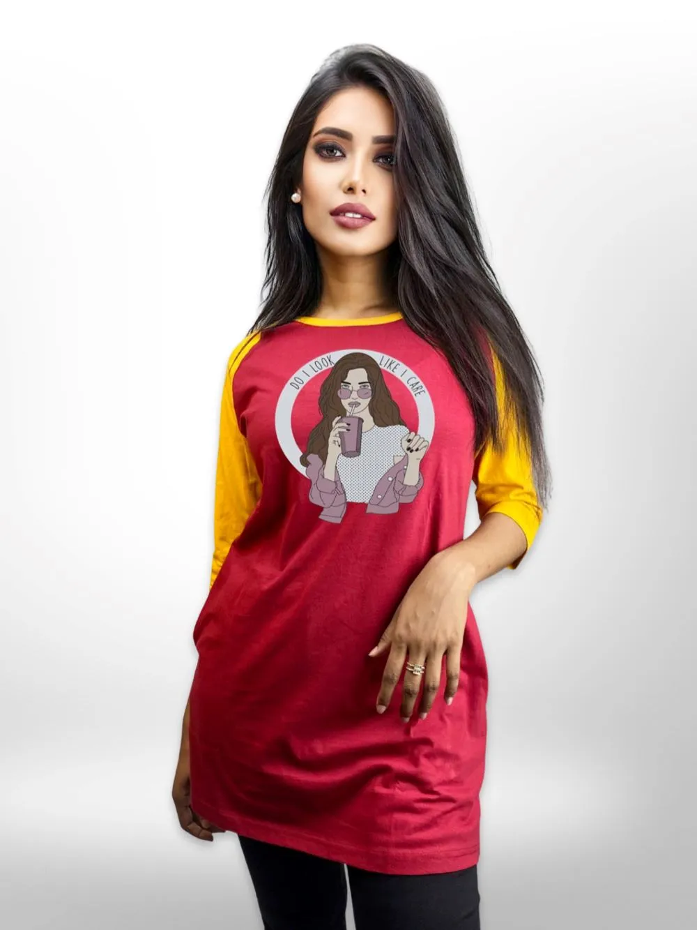 Girl With Cooffe Print Raglan Sleeve Side Pocket Long T-shirt For Women's
