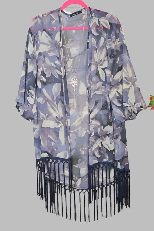 Honey Punch Floral Fringe Kimono - Purple Multi Navy