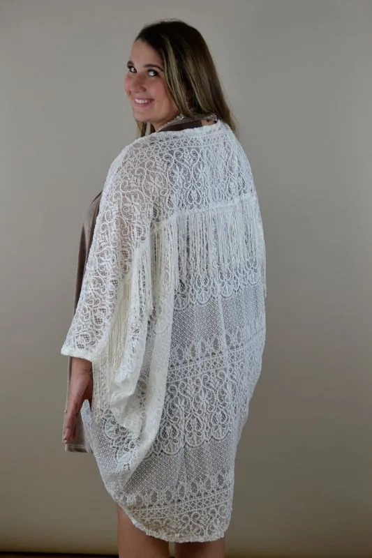 Honey Punch Lace Fringe Shrug Cardigan - Coconut