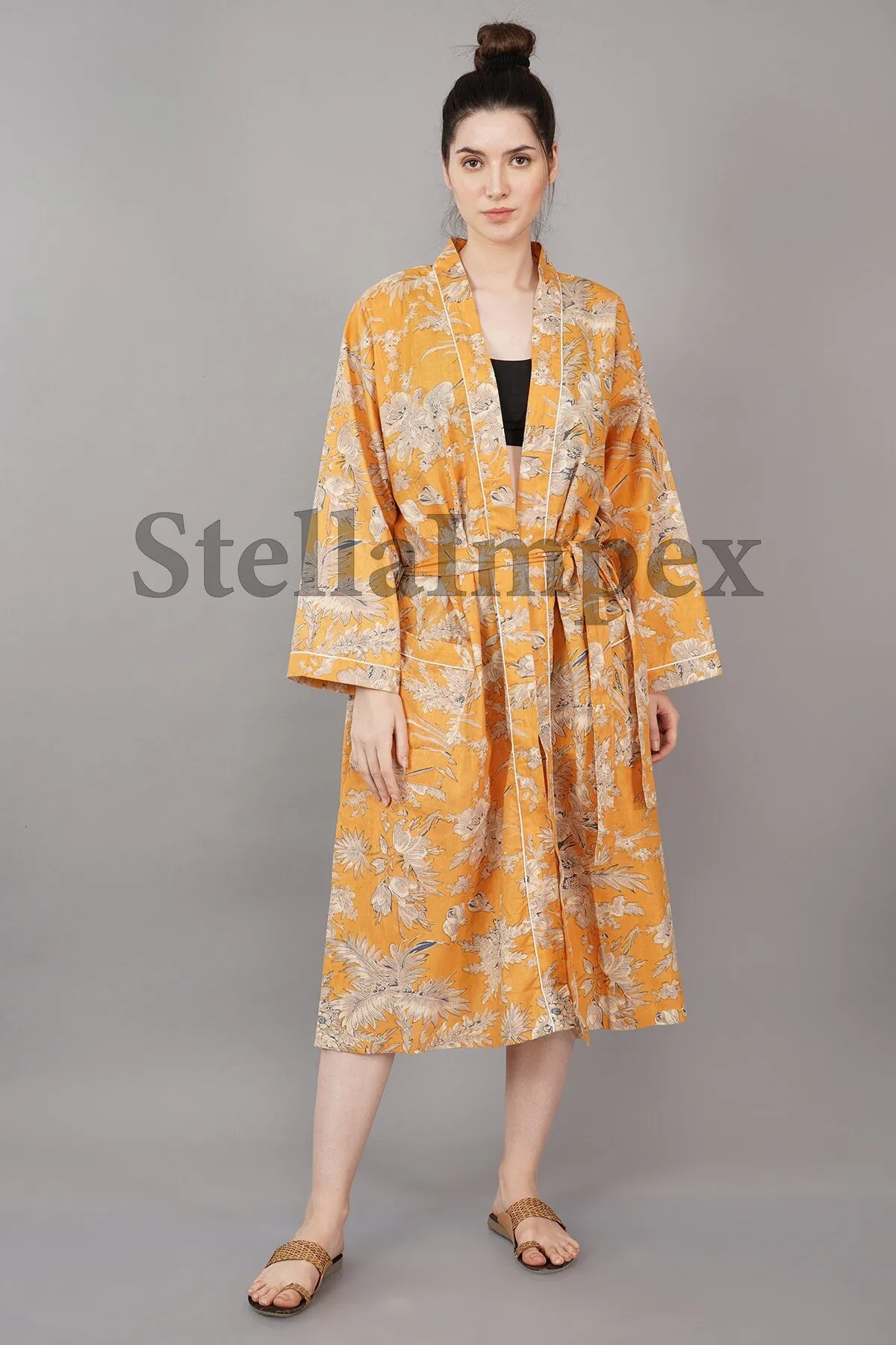 Indian Handmade Cotton Kimono Elegant Yellow & White Floral Bathrobe Resort Wear Beach Bikini Cover-ups Boho Kimono Bathrobe, Gift for Her