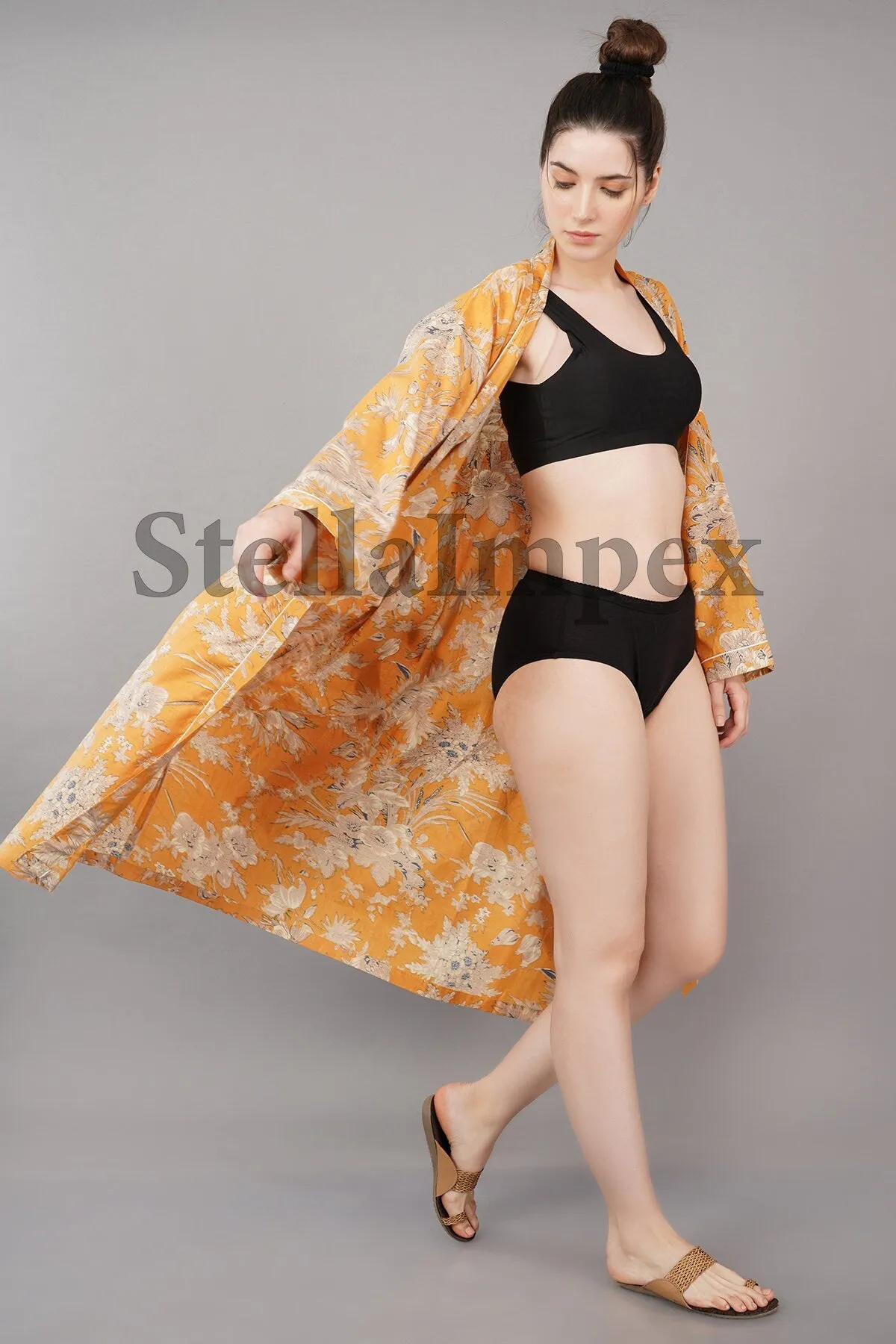 Indian Handmade Cotton Kimono Elegant Yellow & White Floral Bathrobe Resort Wear Beach Bikini Cover-ups Boho Kimono Bathrobe, Gift for Her
