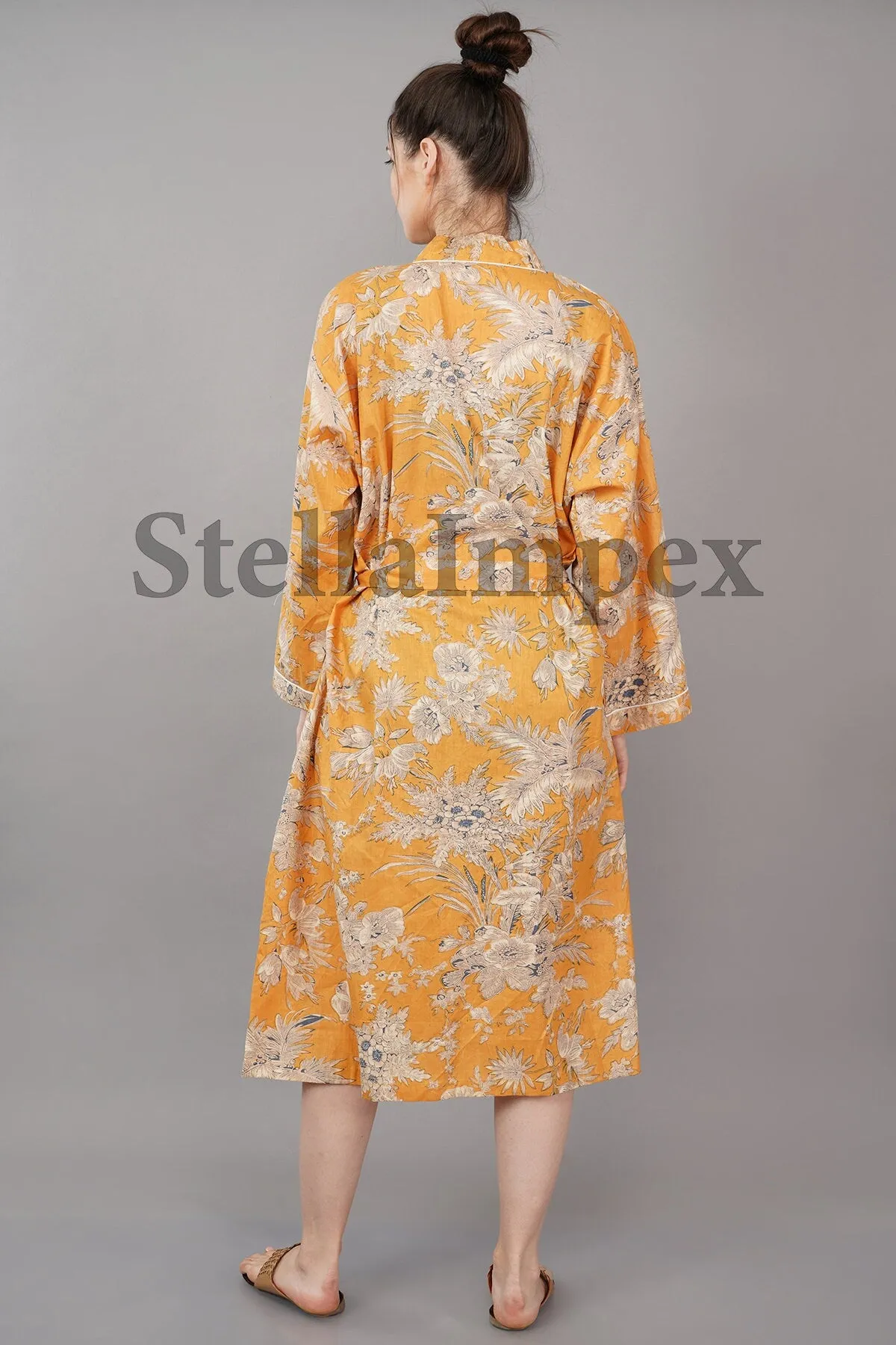 Indian Handmade Cotton Kimono Elegant Yellow & White Floral Bathrobe Resort Wear Beach Bikini Cover-ups Boho Kimono Bathrobe, Gift for Her