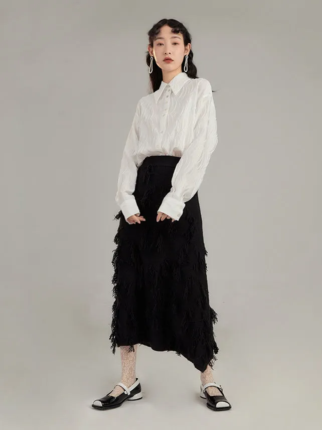 Irregular Jacquard Fringe A-line Mid-length Skirt
