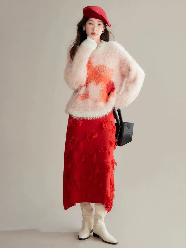 Irregular Jacquard Fringe A-line Mid-length Skirt