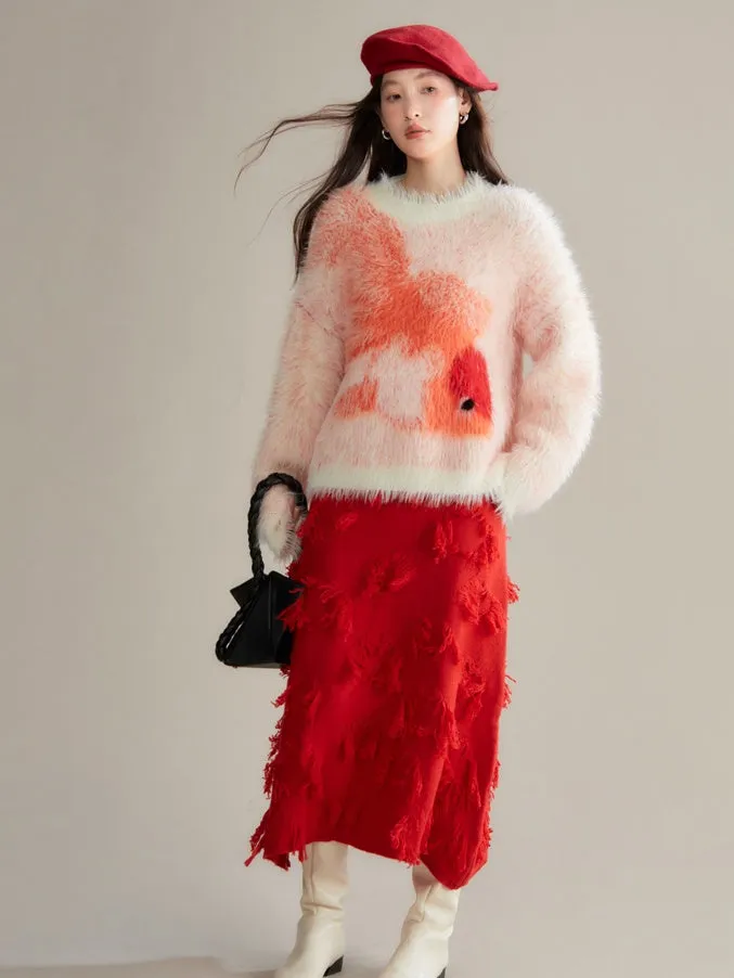 Irregular Jacquard Fringe A-line Mid-length Skirt
