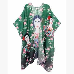JC062839 Green-Pink Frida Kahlo Art Kimono