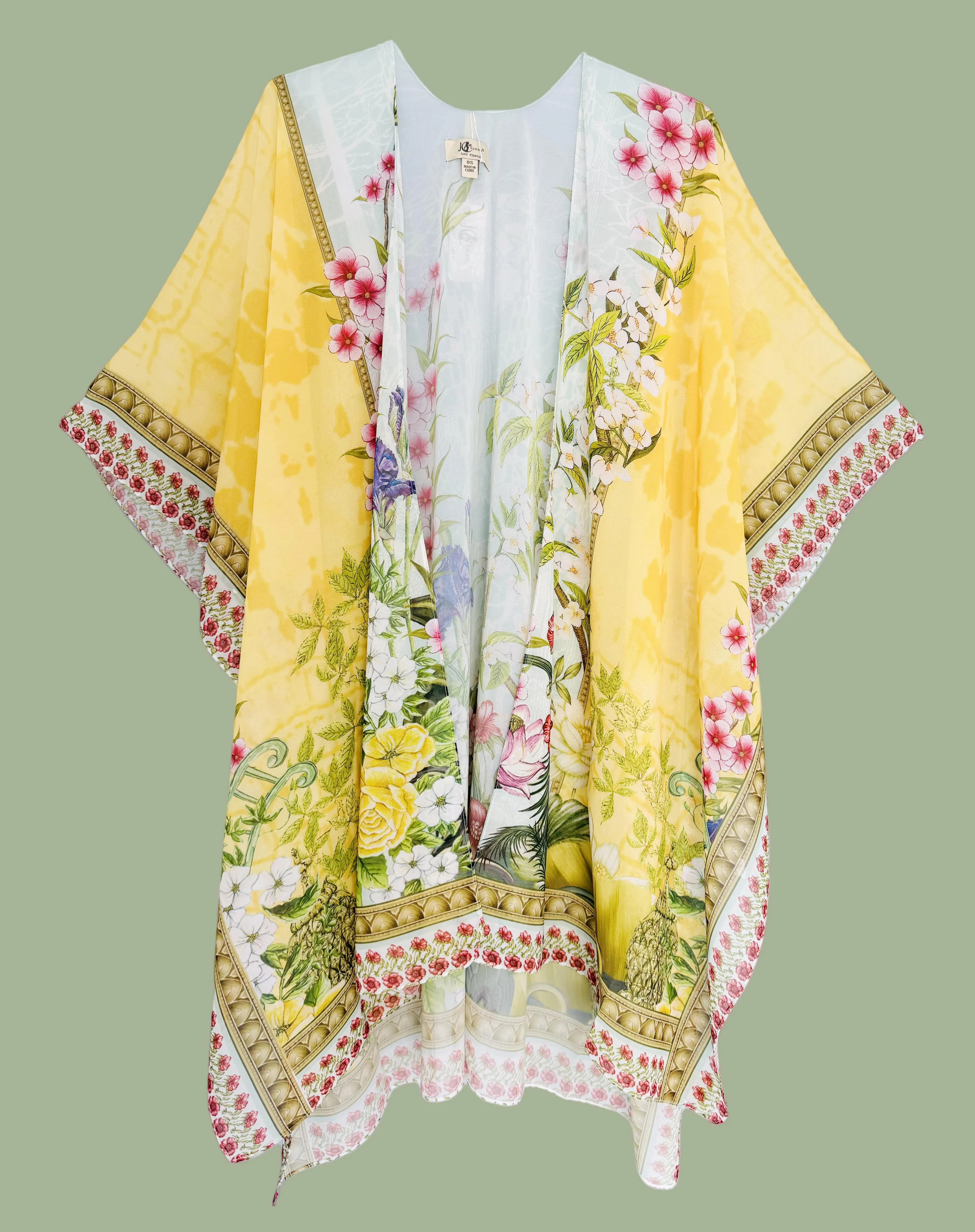JC071202 Yellow-Multi Floral Border-Accent Kimono