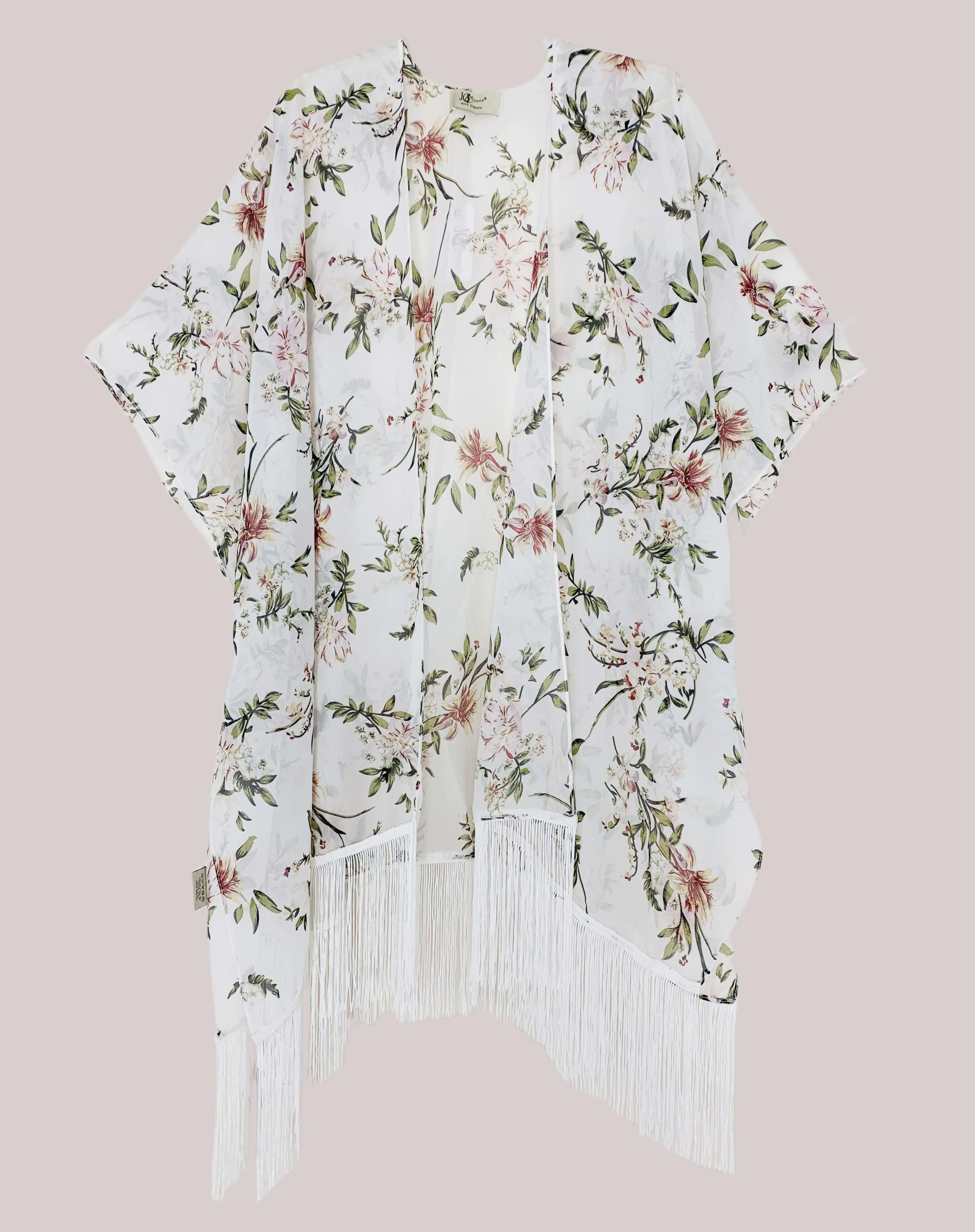 JC083315 White-Green Floral Fringe-Detailed Kimono