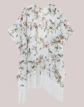 JC083315 White-Green Floral Fringe-Detailed Kimono