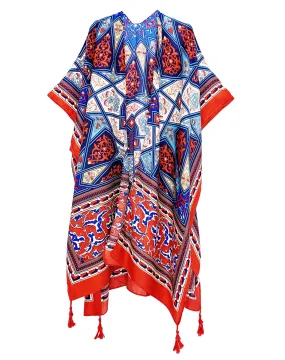 JC083366 Red-Blue Tassel-Accent Ethnic Kimono