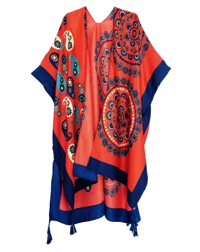 JC083370 Red-Blue Tassel-Accent Paisley Kimono