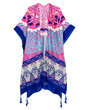 JC083372 Blue-Pink Tassel-Accent Ethnic Kimono