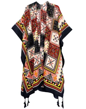 JC083376 Red-Black Tassel-Accent Ethnic Kimono