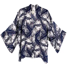 JC083378-2 Grey-Navy Paisley Sleeve-Detailed Short Kimono