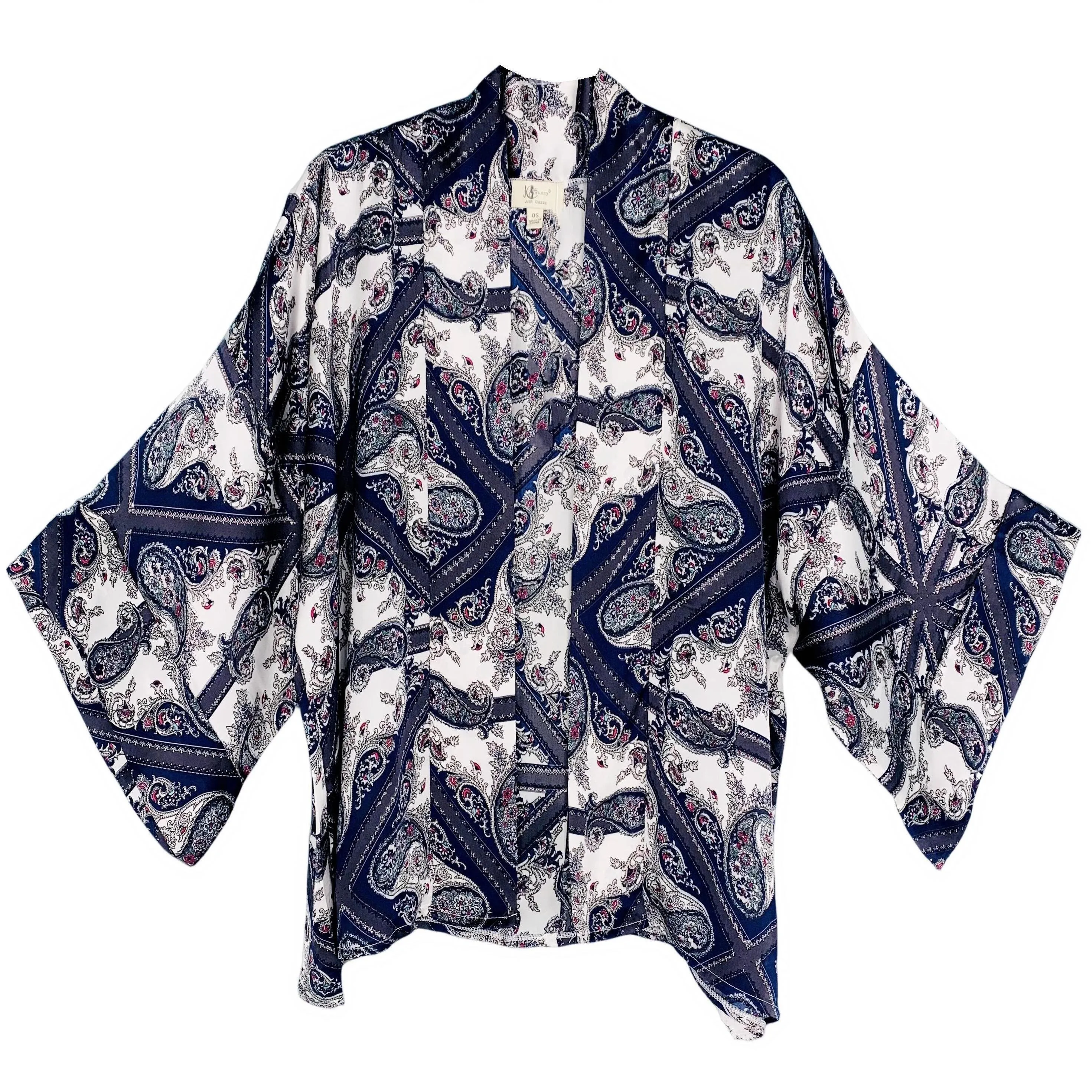 JC083378-2 Grey-Navy Paisley Sleeve-Detailed Short Kimono