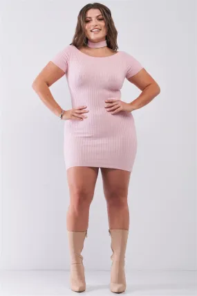 Junior Plus Size RosÈ Short Sleeve Ribbed Knit Halter Neck Zip-Up Back Mini Dress /2-2-2