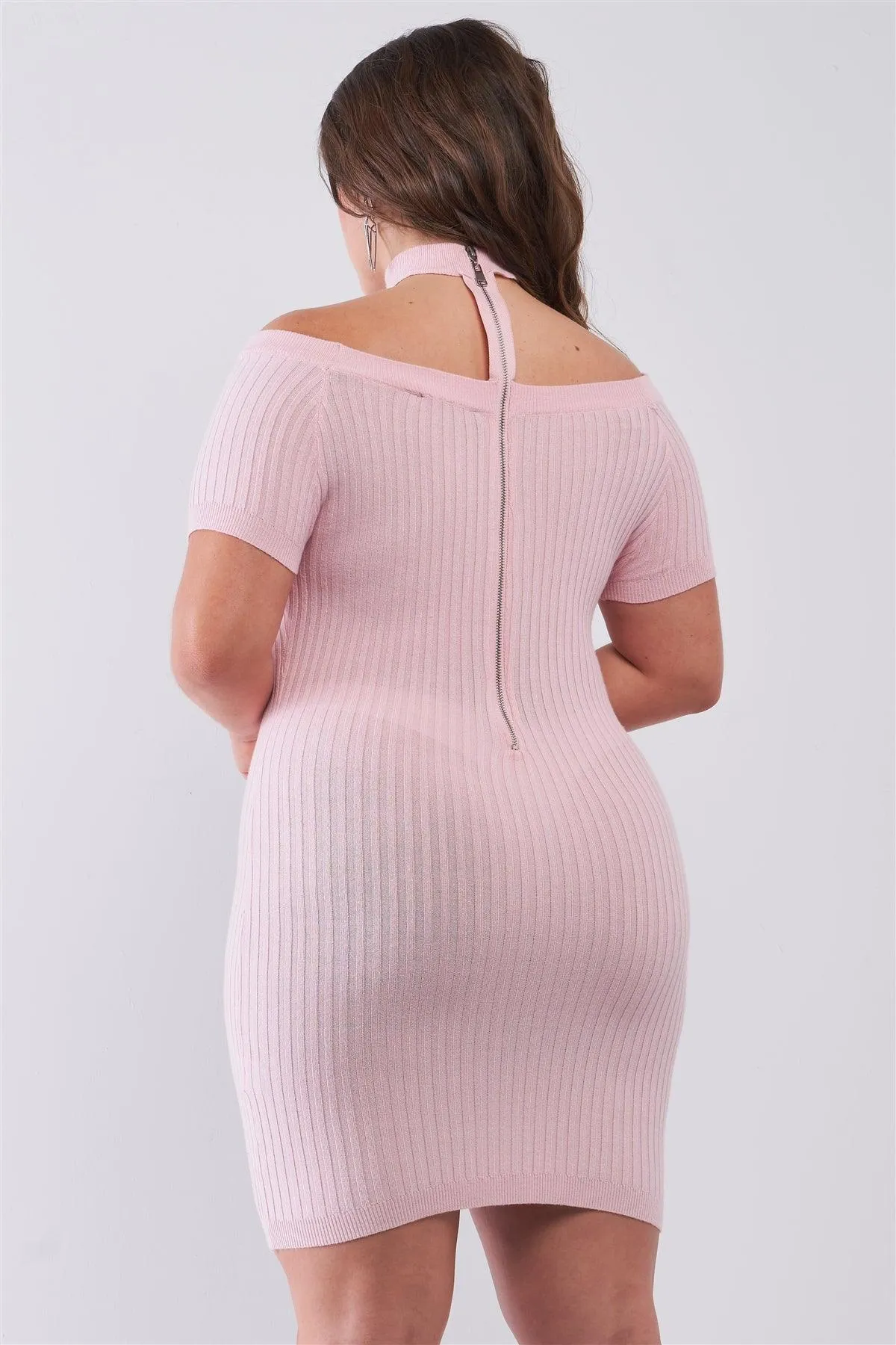 Junior Plus Size RosÈ Short Sleeve Ribbed Knit Halter Neck Zip-Up Back Mini Dress /2-2-2