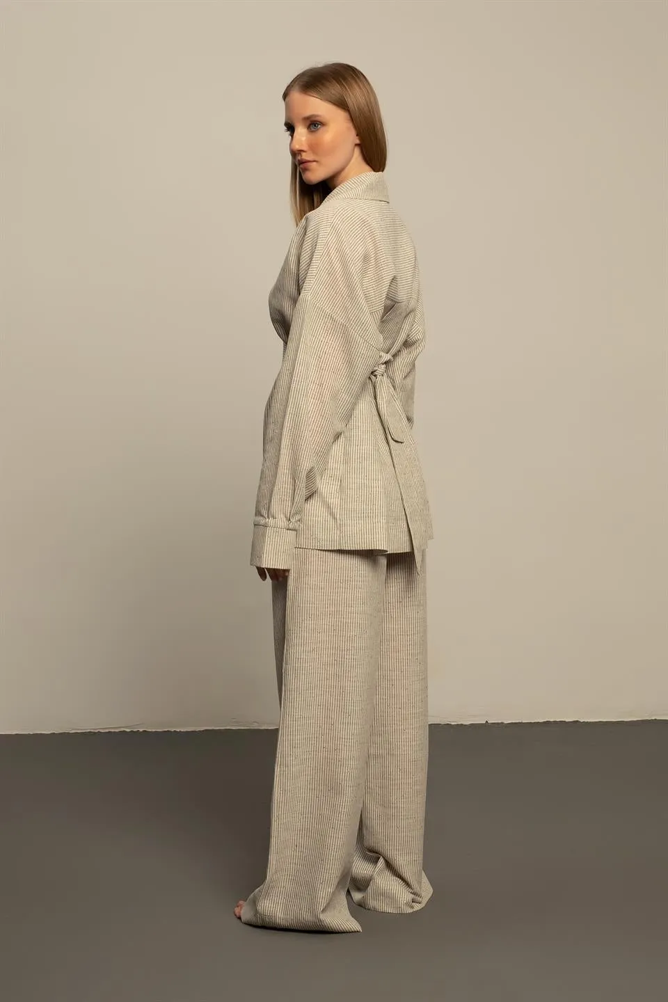 Khaki Striped Kimono Model Suit