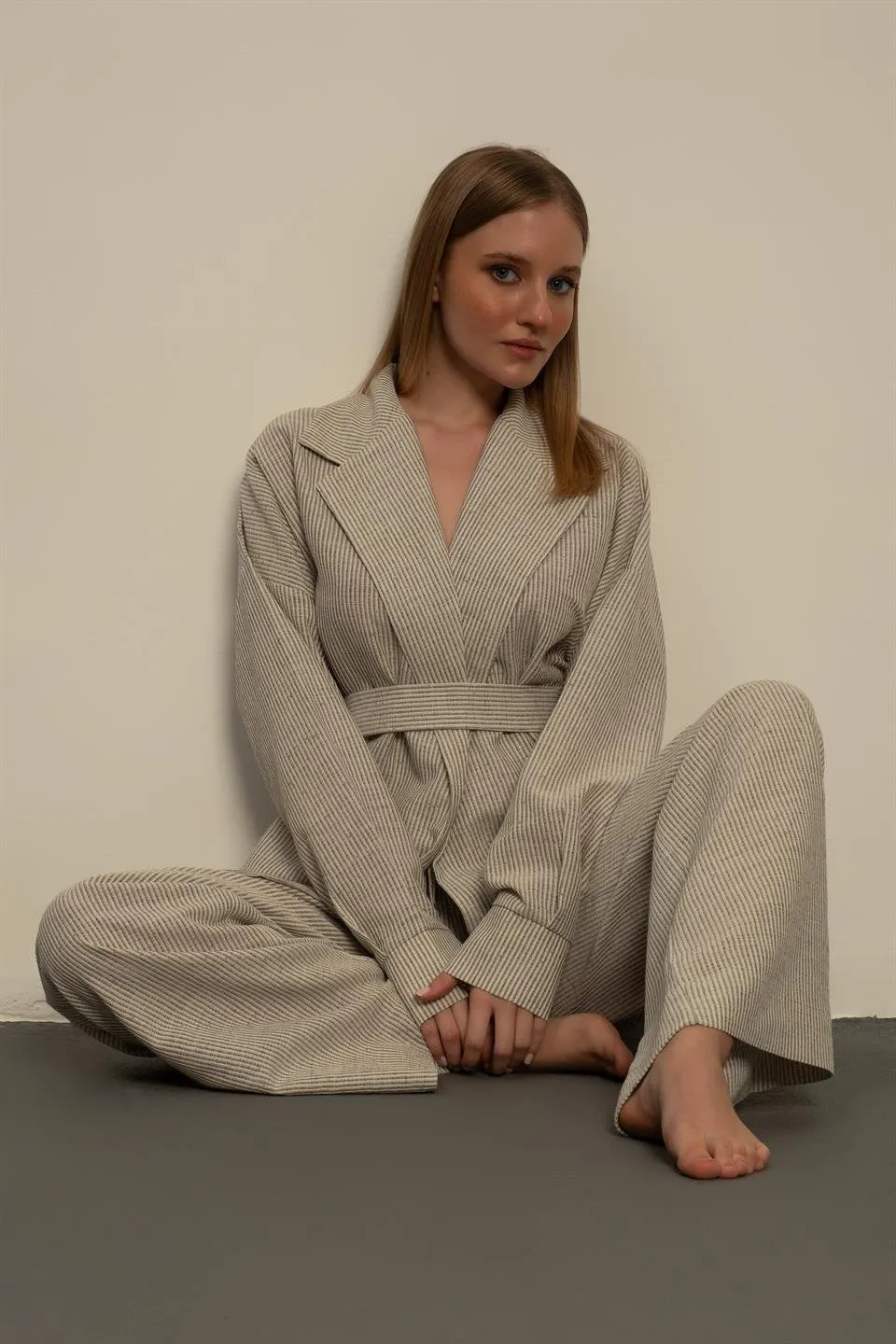 Khaki Striped Kimono Model Suit